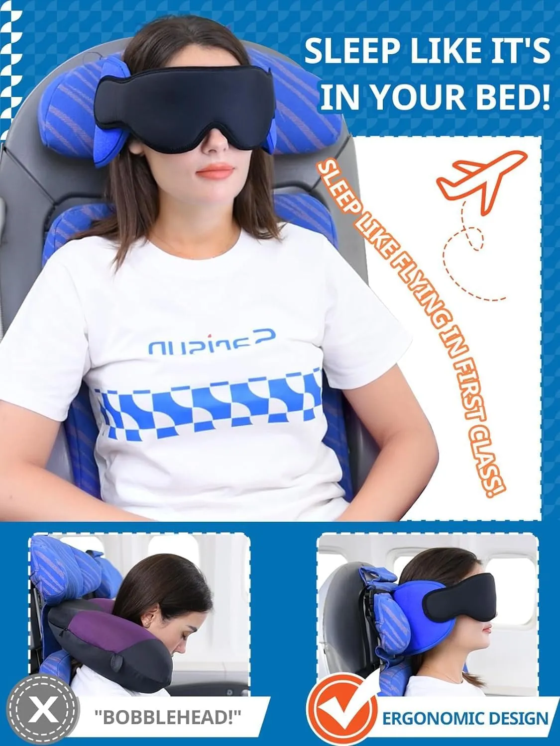Travel Pillows for Airplanes, Airplane Pillow for Long Flight Car Road Trip, Airplane Head Strap with Sleep Eye Mask, 360 Support Headrest, Stop Bobblehead Travel Neck Pillow, Mottled Black