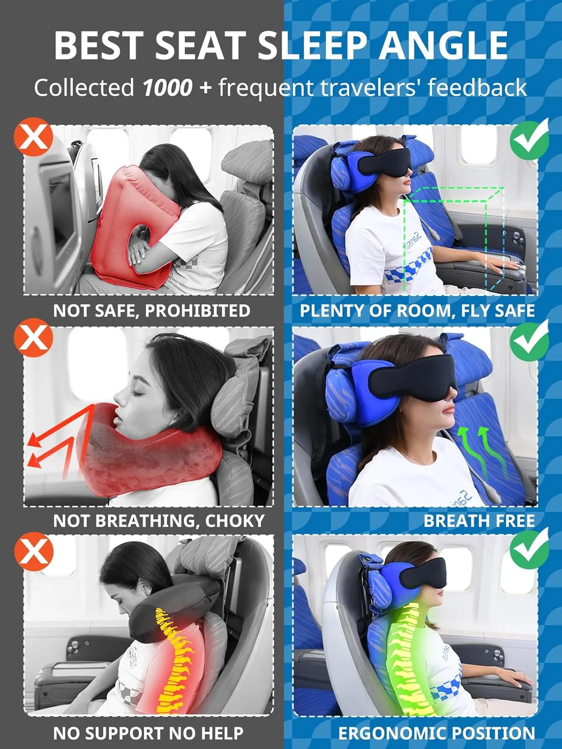Travel Pillows for Airplanes, Airplane Pillow for Long Flight Car Road Trip, Airplane Head Strap with Sleep Eye Mask, 360 Support Headrest, Stop Bobblehead Travel Neck Pillow, Mottled Black