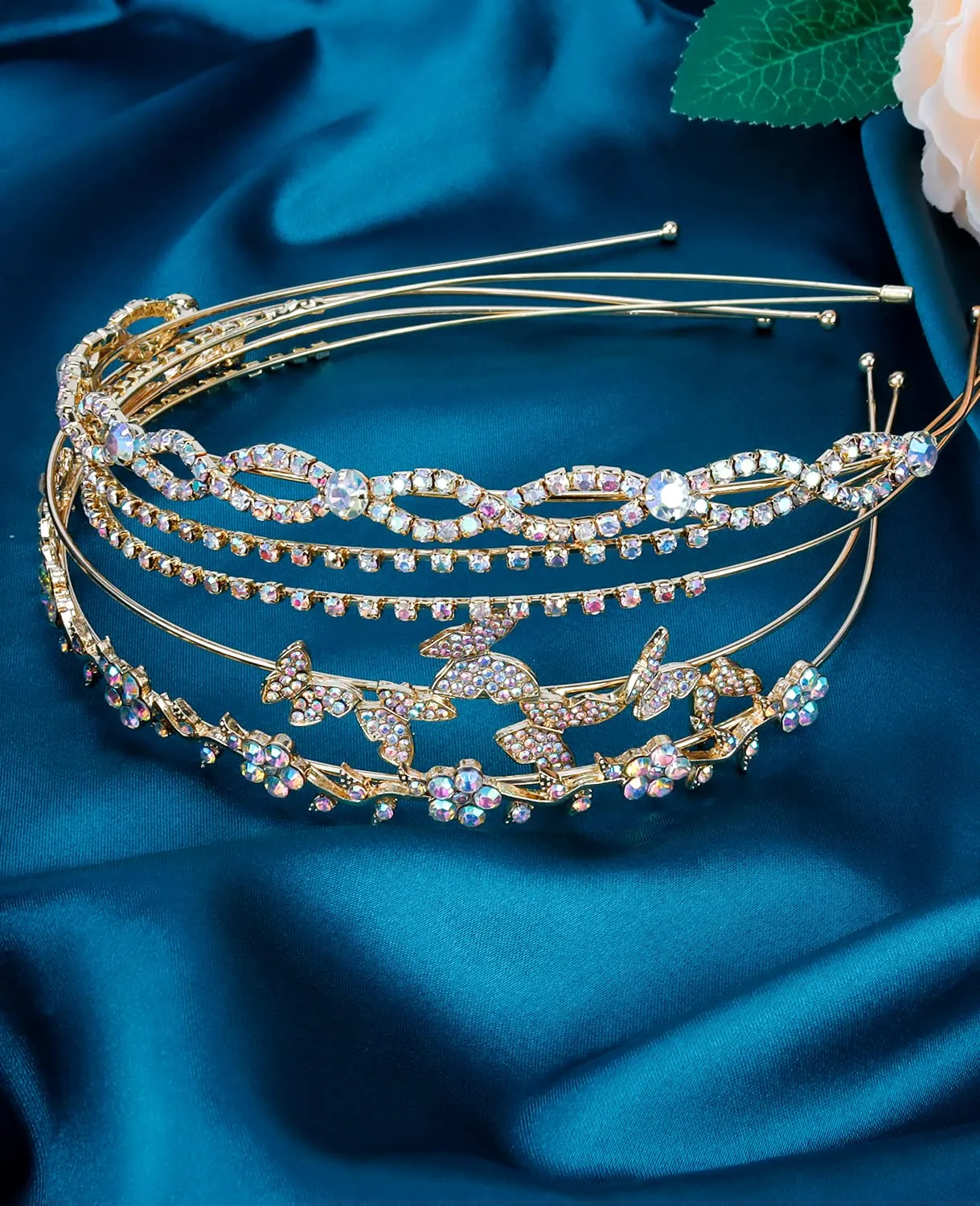 Wecoe 4 Pack AB Rhinestone Headbands Gold Metal Headbands Flower Girl Bridal Wedding Headband Crystal Headpieces Flower Leaf Butterfly Headband Formal Hair Accessories For Women Girls Gifts