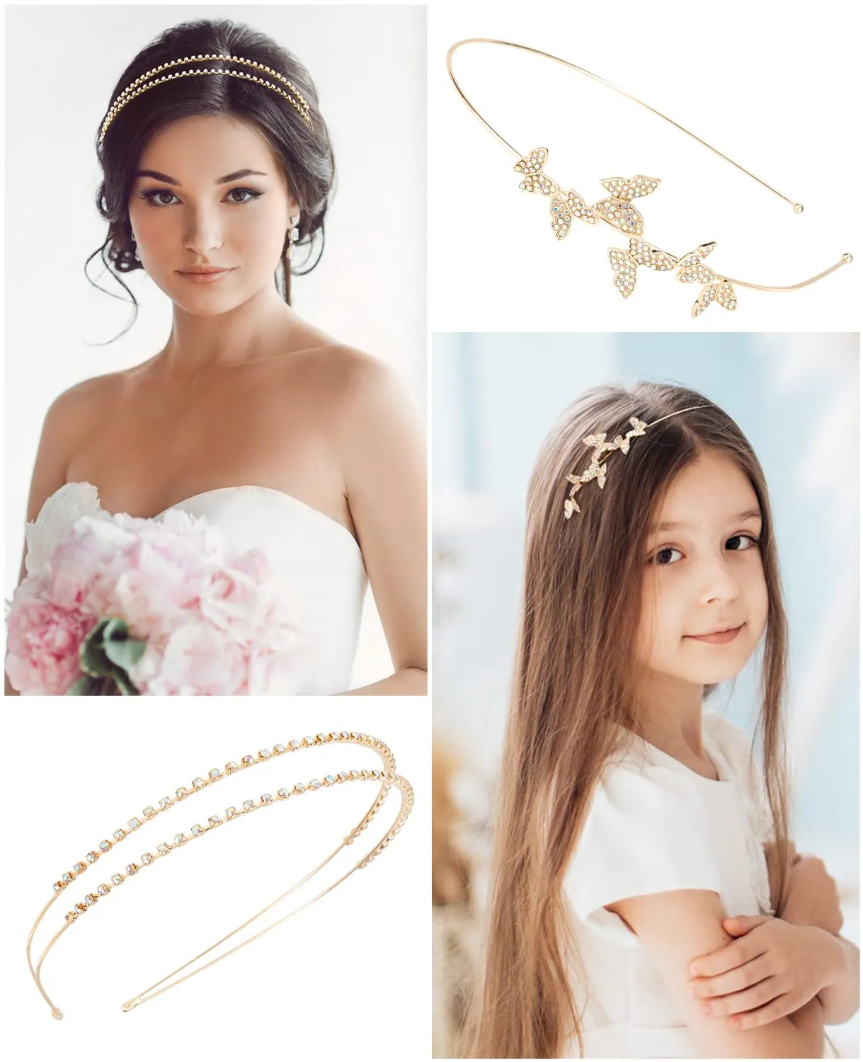 Wecoe 4 Pack AB Rhinestone Headbands Gold Metal Headbands Flower Girl Bridal Wedding Headband Crystal Headpieces Flower Leaf Butterfly Headband Formal Hair Accessories For Women Girls Gifts