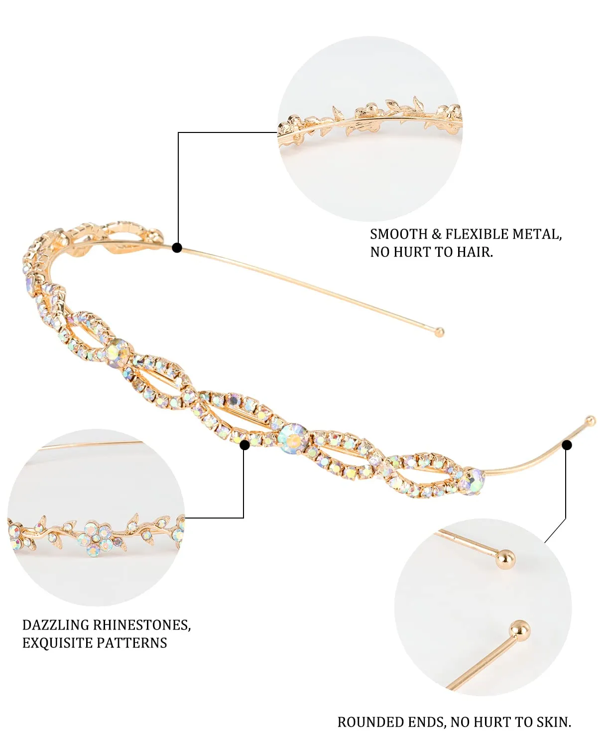 Wecoe 4 Pack AB Rhinestone Headbands Gold Metal Headbands Flower Girl Bridal Wedding Headband Crystal Headpieces Flower Leaf Butterfly Headband Formal Hair Accessories For Women Girls Gifts