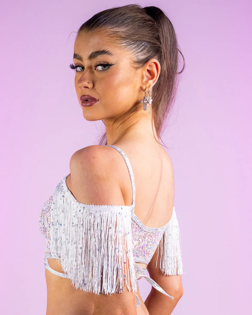 White Diamond Rodeo Fringe Wrap Top