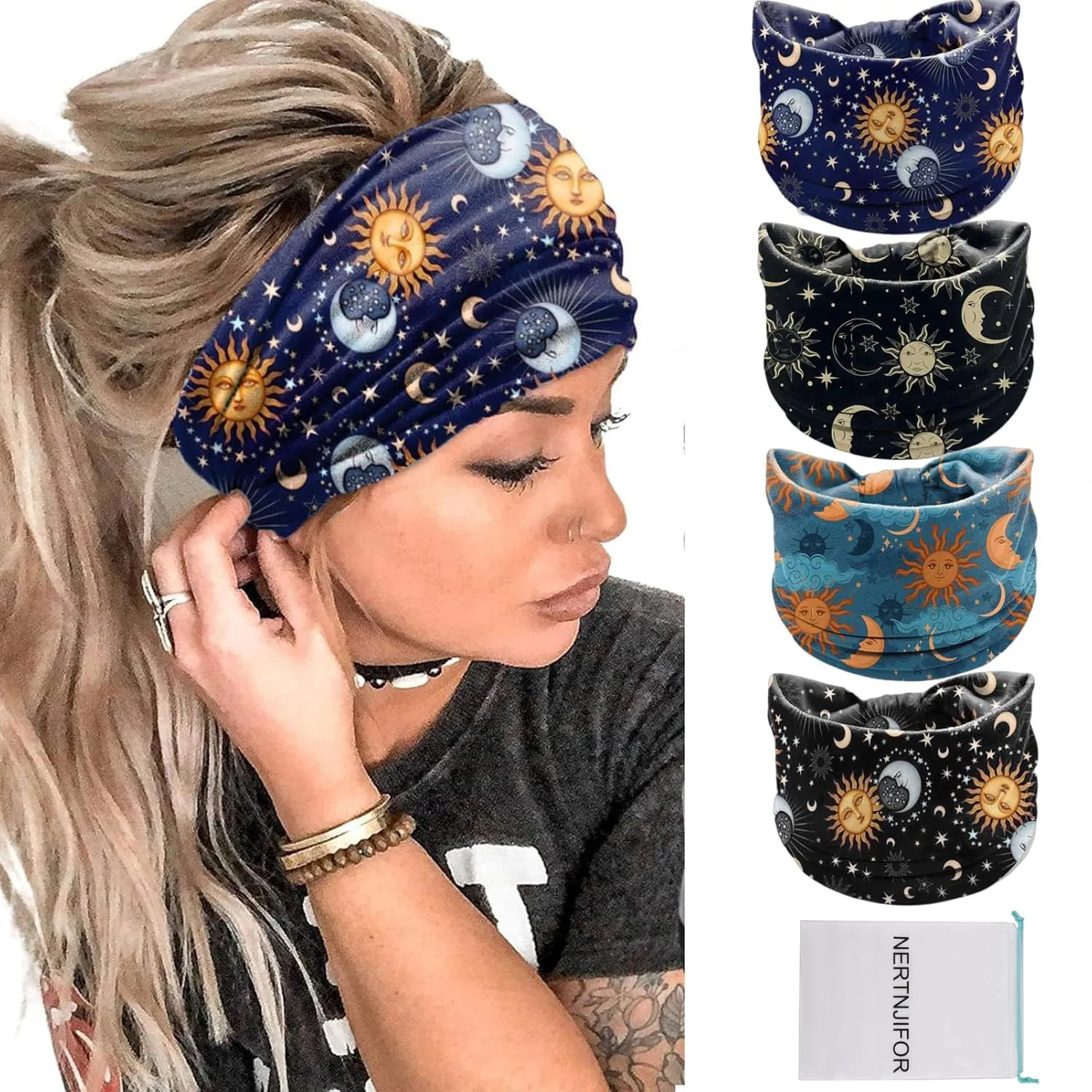 Women Headbands Stars Moon Wide Knotted Headband Non Slip Wraps Elastic Yoga Turban Fashion Hair Bands Soft Hair Wrap Hair Accessories for Girls Pack of 4 (Star Moon)