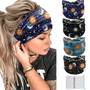 Women Headbands Stars Moon Wide Knotted Headband Non Slip Wraps Elastic Yoga Turban Fashion Hair Bands Soft Hair Wrap Hair Accessories for Girls Pack of 4 (Star Moon)